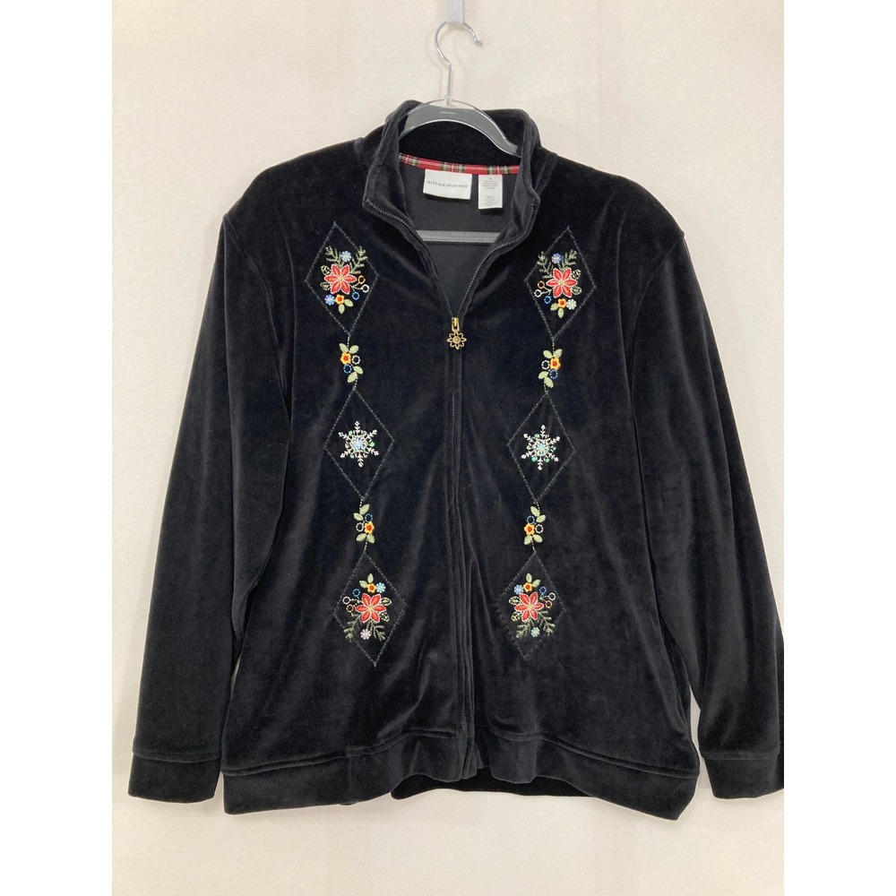 Alfred Dunner Zip Jacket size 18 Black Velour Velvet Embroidered Holiday Festive
